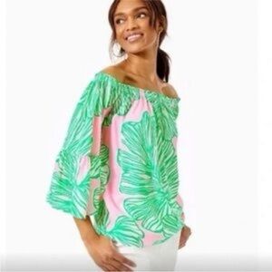 Lilly Pulitzer Off-Shoulder Pink & Green Floral Neve Blouse